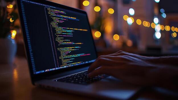 close up of female hands while typing on laptop displaying lines of colorful programming code on the screen photo